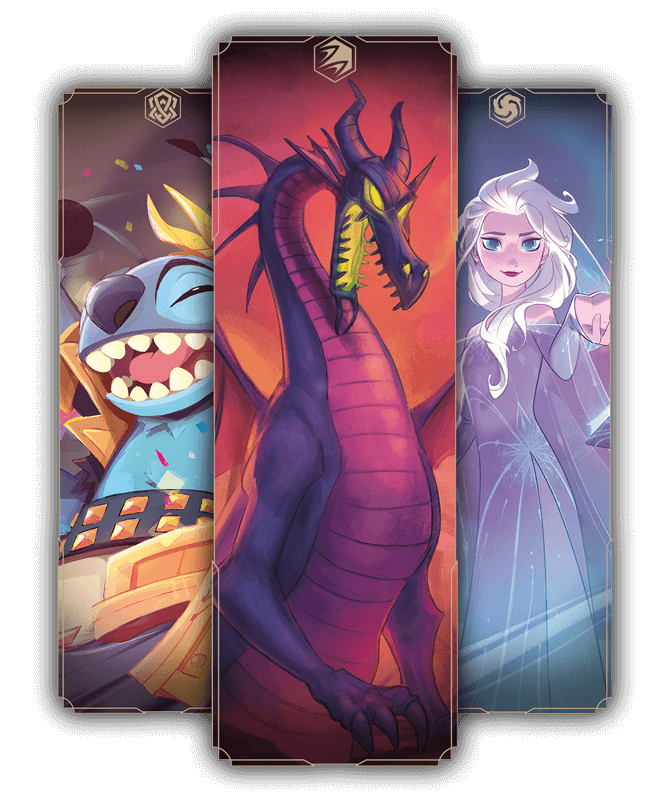 Three decorative images of Stitch, Maleficent as a dragon, and Elsa