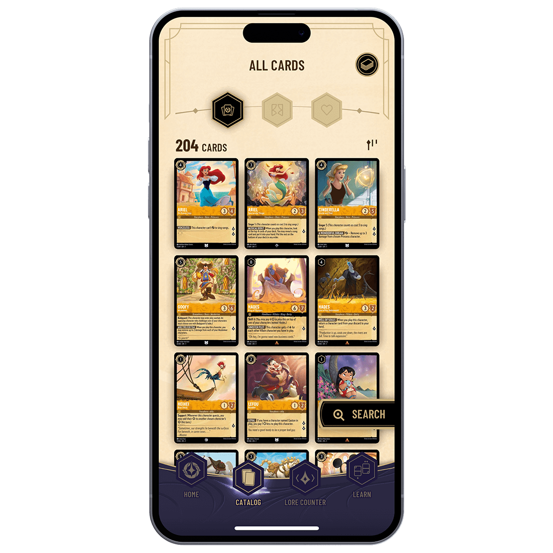 Screenshot of a card catalog on the Disney Lorcana app.