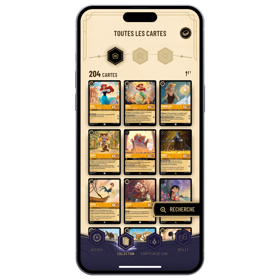 Capture d'écran d'un catalogue de cartes sur l'application Disney Lorcana.