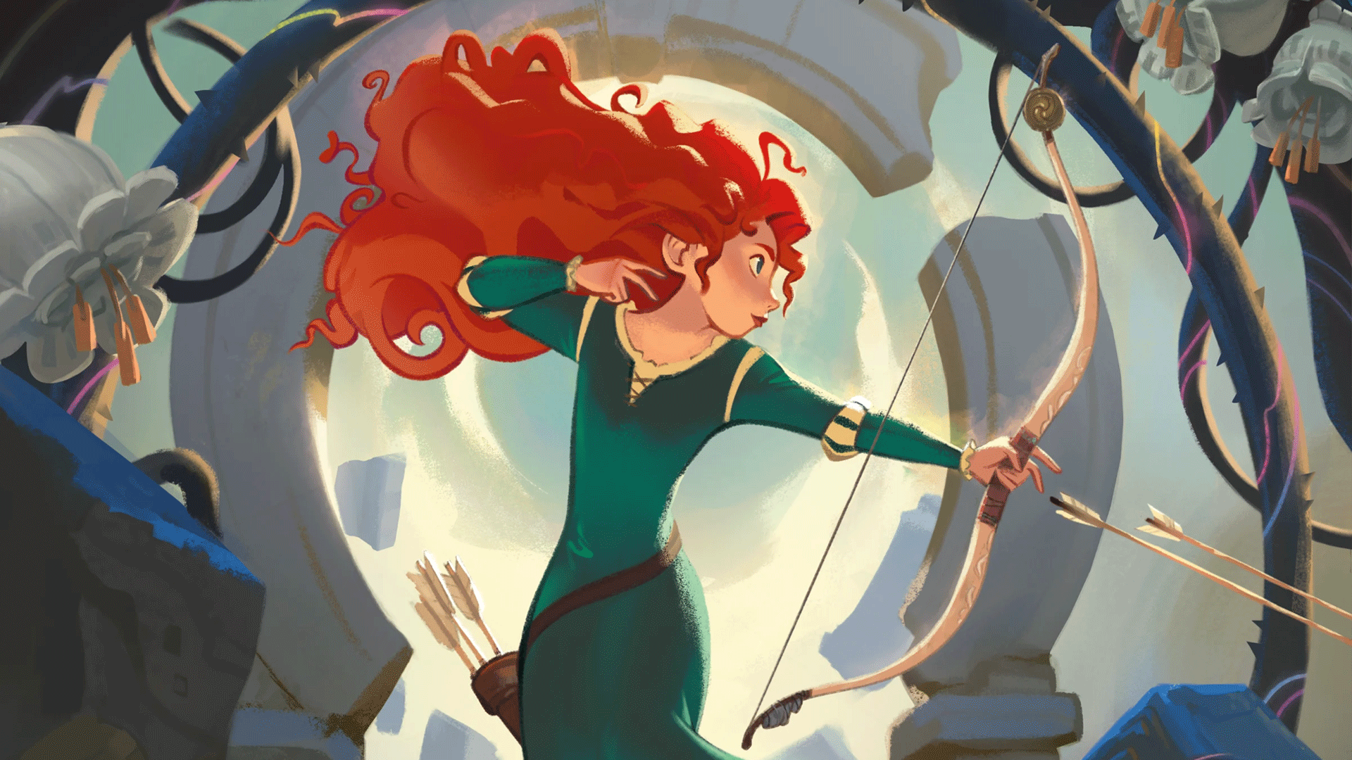 Image of a Merida glimmer with read hair, green outfit, and bow and arrow, for Disney Lorcana TCG