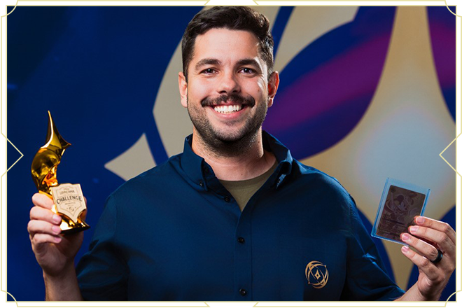 Photo of Bryan Pereira with Lorcana Challenge trophy