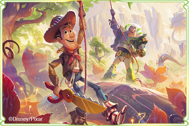Disney Lorcana Wilds Unknown art of Buzz Lightyear and Woody glimmers