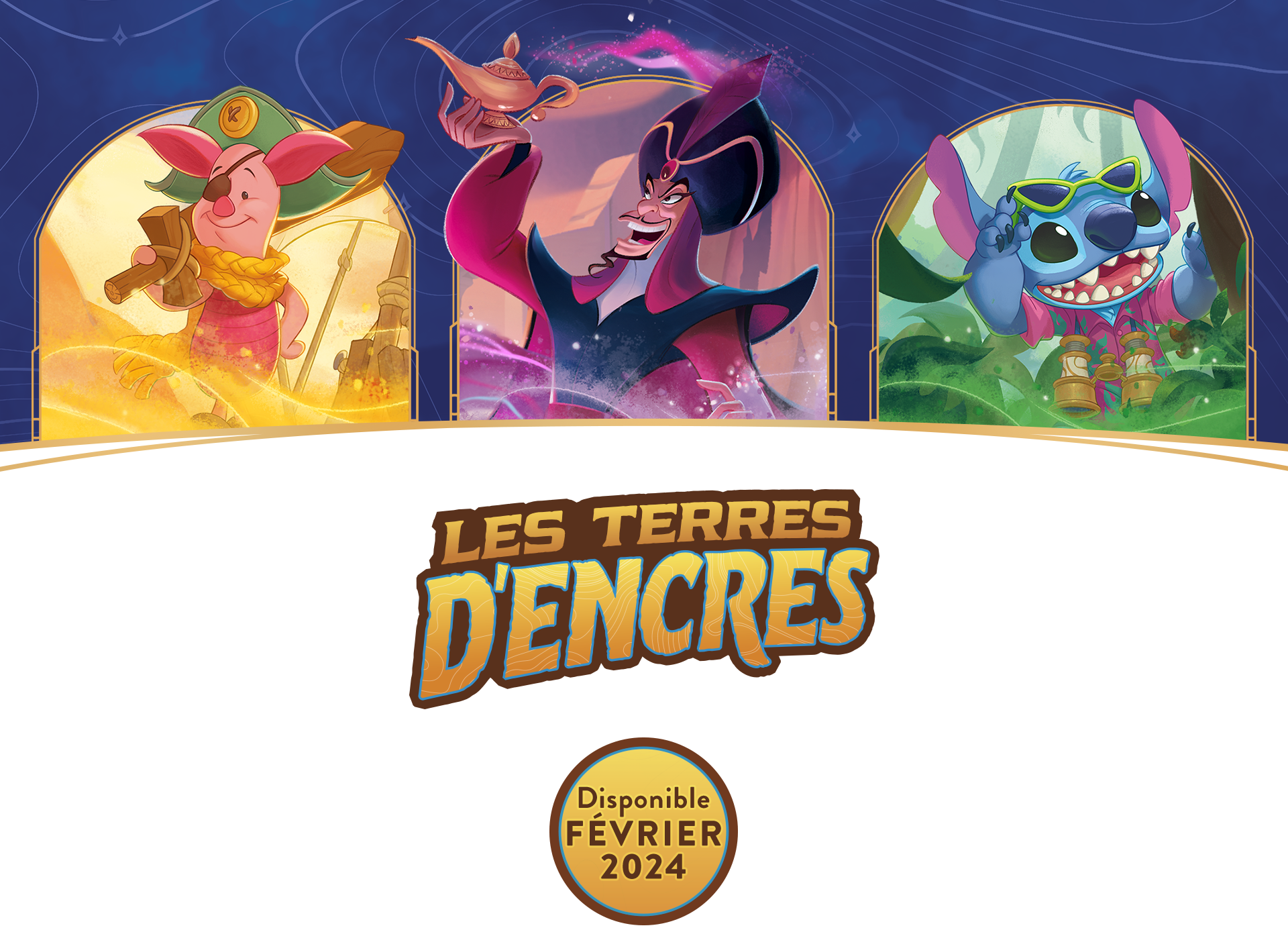 Decorative header image showing three characters (left to right: Piglet, Jafar, Stitch) and a logo that says Les Terres D'Encres. Available February 2024