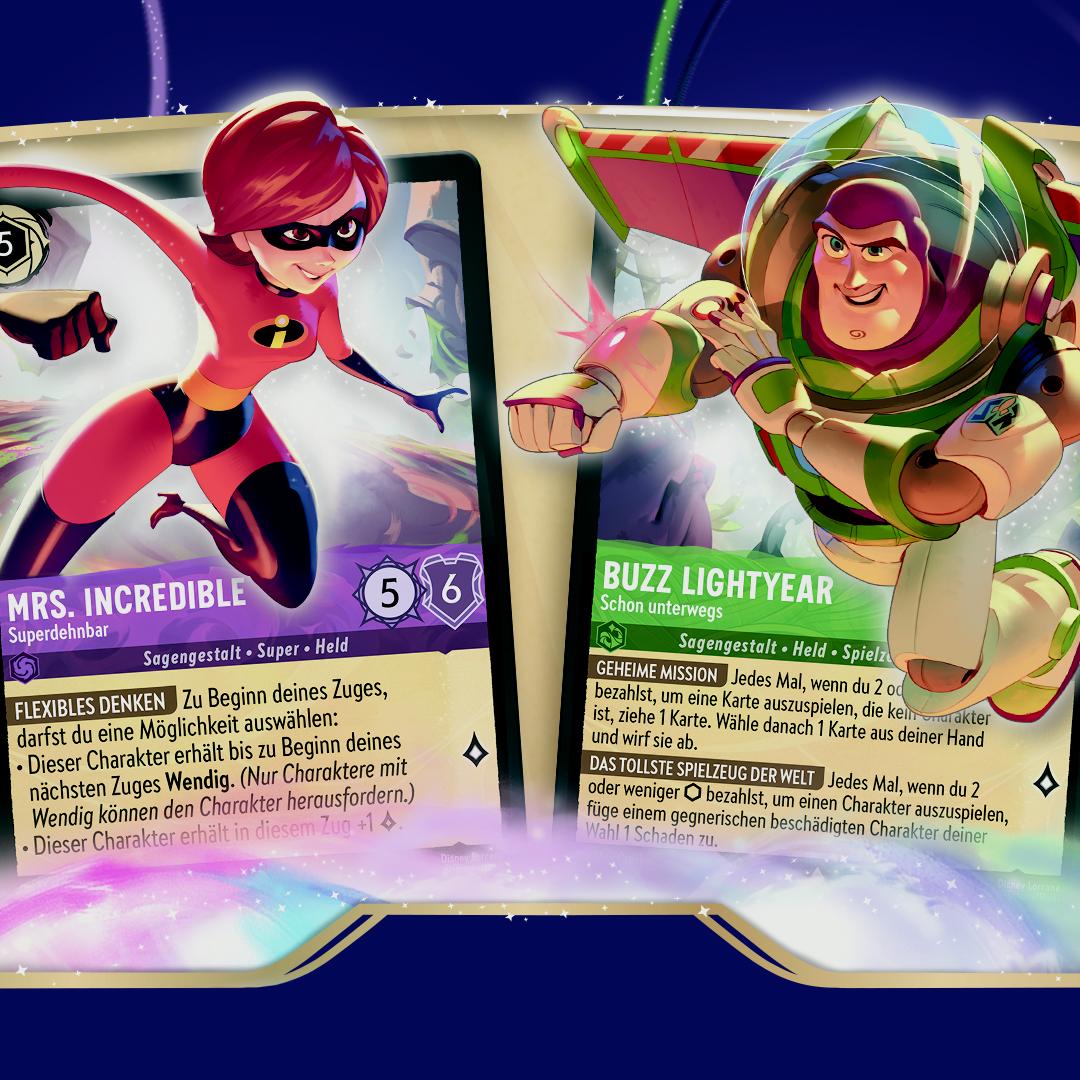 Disney Lorcana cards of Mrs. Incredible and Buzz Lightyear next to each other