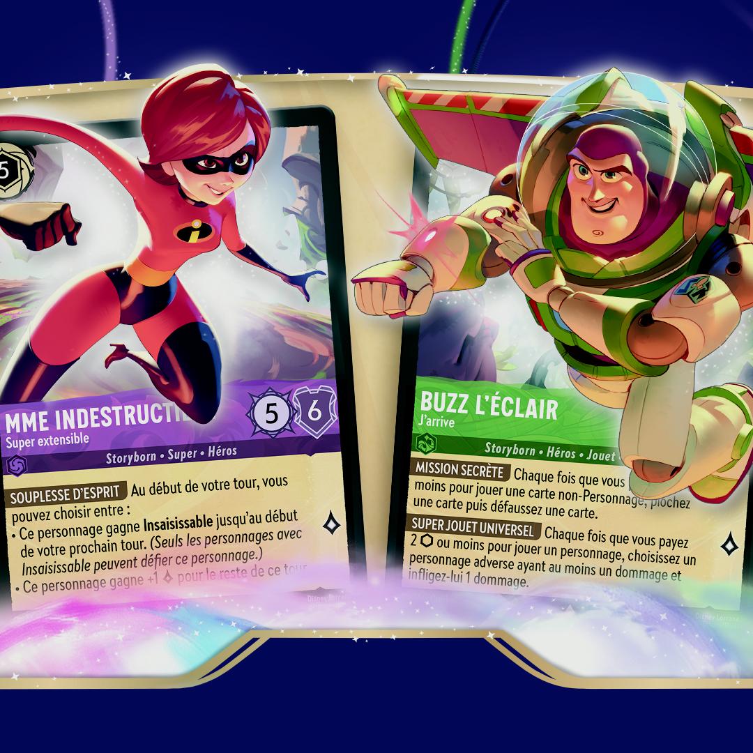 Disney Lorcana cards of Mrs. Incredible and Buzz Lightyear next to each other