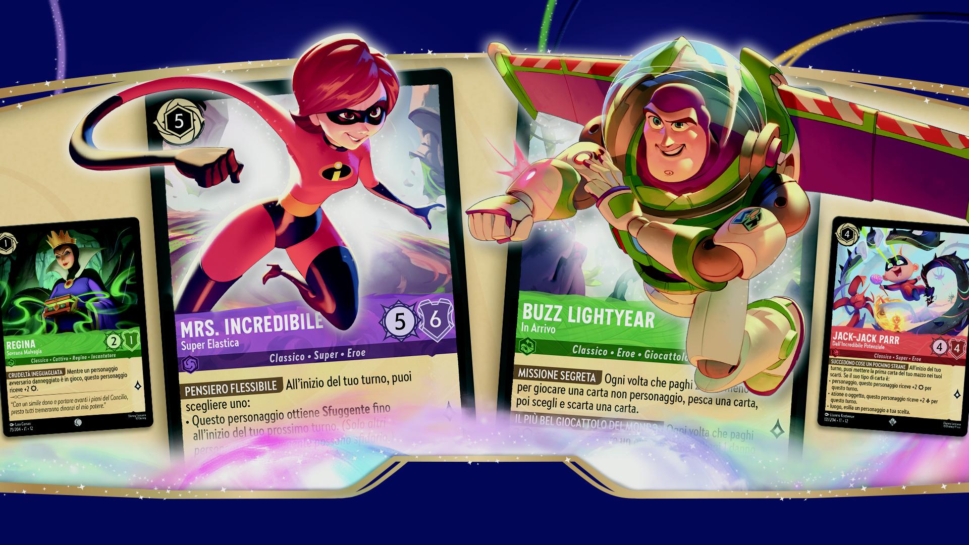 Disney Lorcana cards of Mrs. Incredible and Buzz Lightyear next to each other