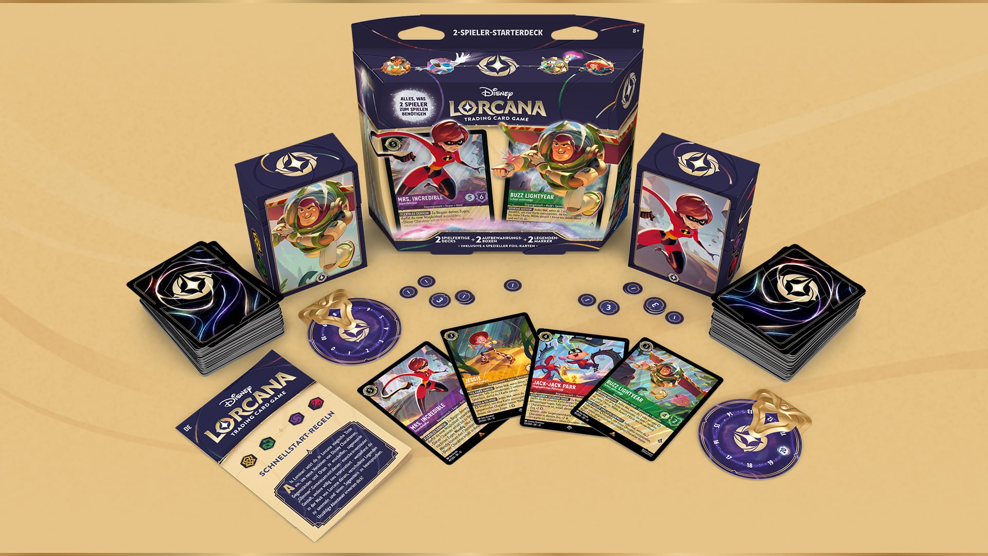 Photo of the Disney Lorcana 2-player starter set with all the contents of the game laid out