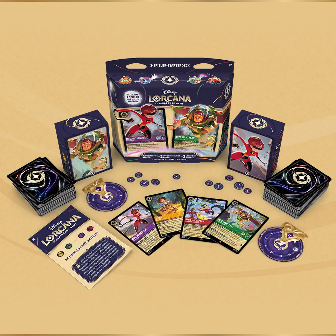 Photo of the Disney Lorcana 2-player starter set with all the contents of the game laid out