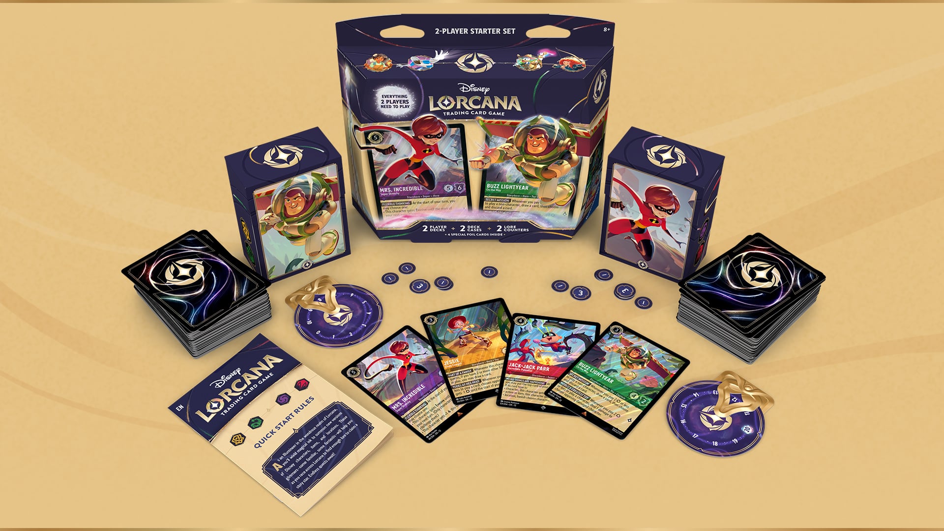 Photo of the Disney Lorcana 2-player starter set with all the contents of the game laid out