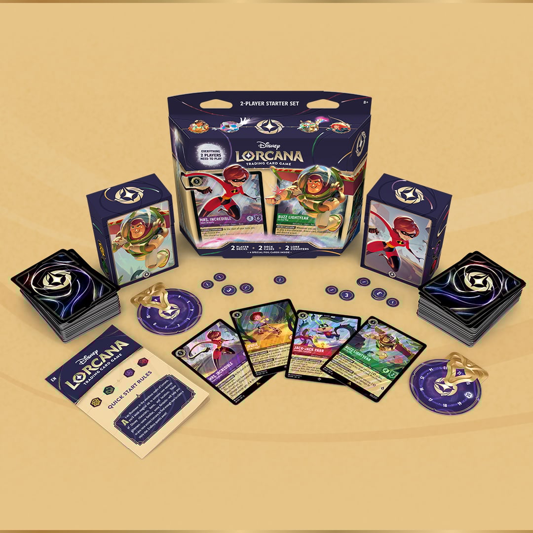 Photo of the Disney Lorcana 2-player starter set with all the contents of the game laid out