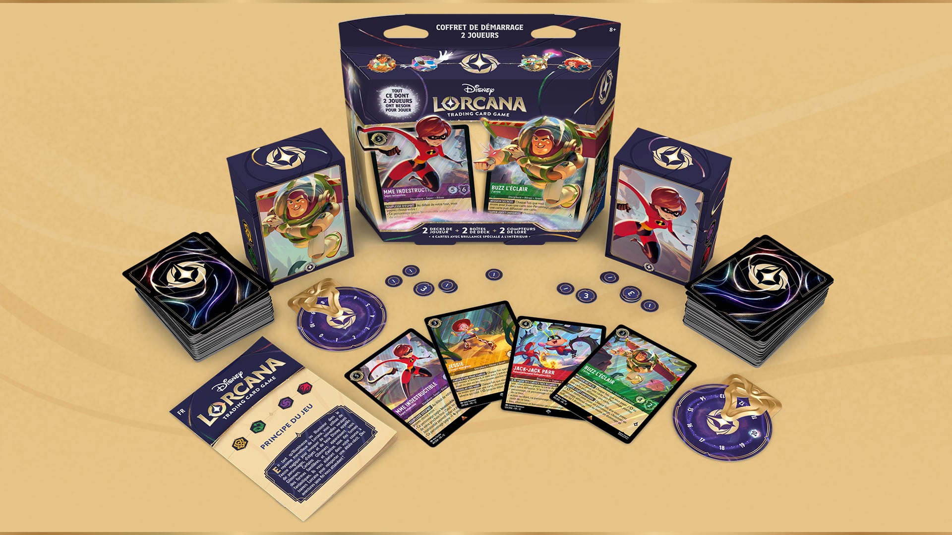 Photo of the Disney Lorcana 2-player starter set with all the contents of the game laid out