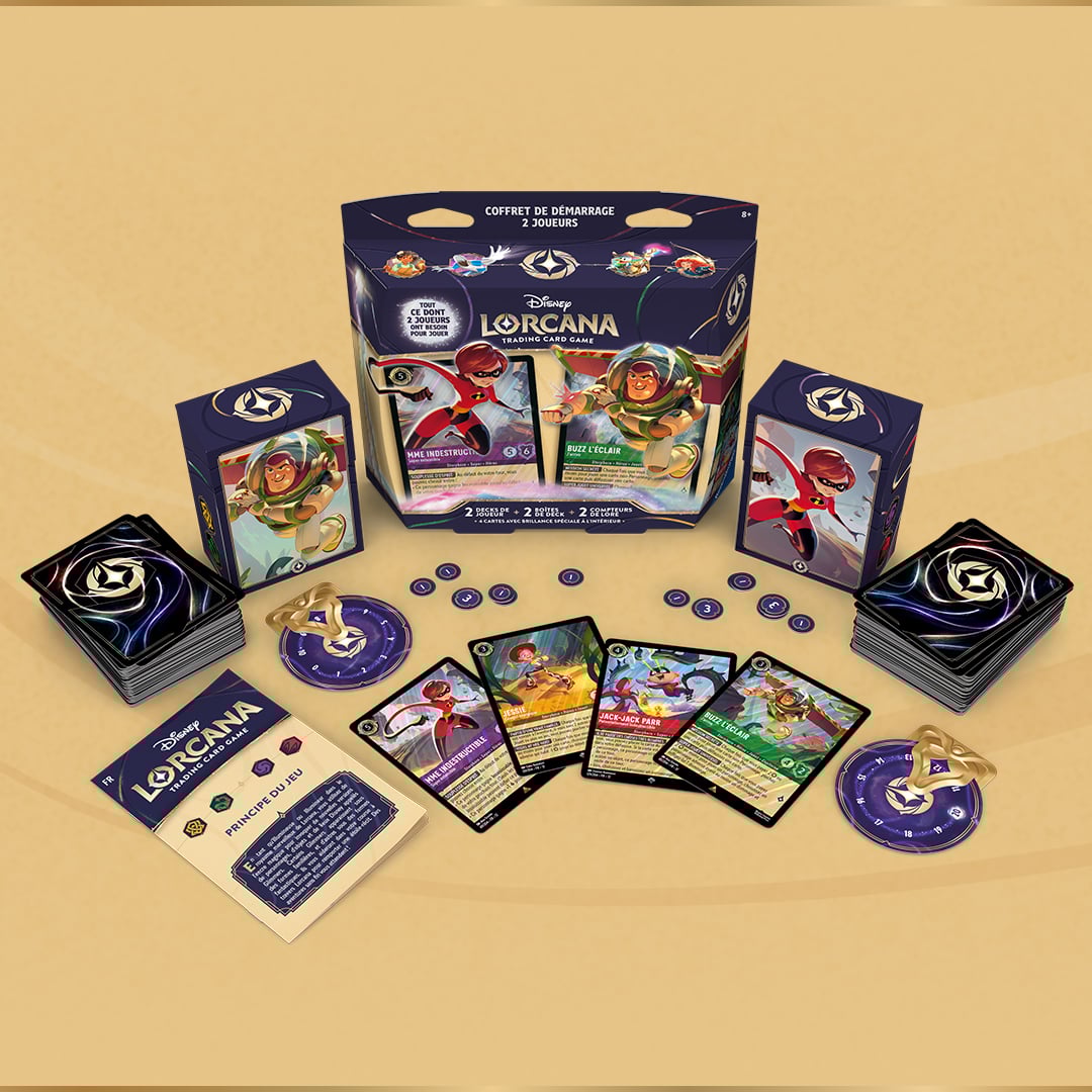 Photo of the Disney Lorcana 2-player starter set with all the contents of the game laid out