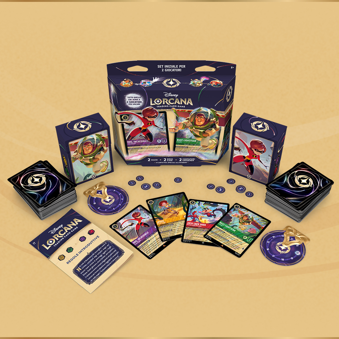 Photo of the Disney Lorcana 2-player starter set with all the contents of the game laid out