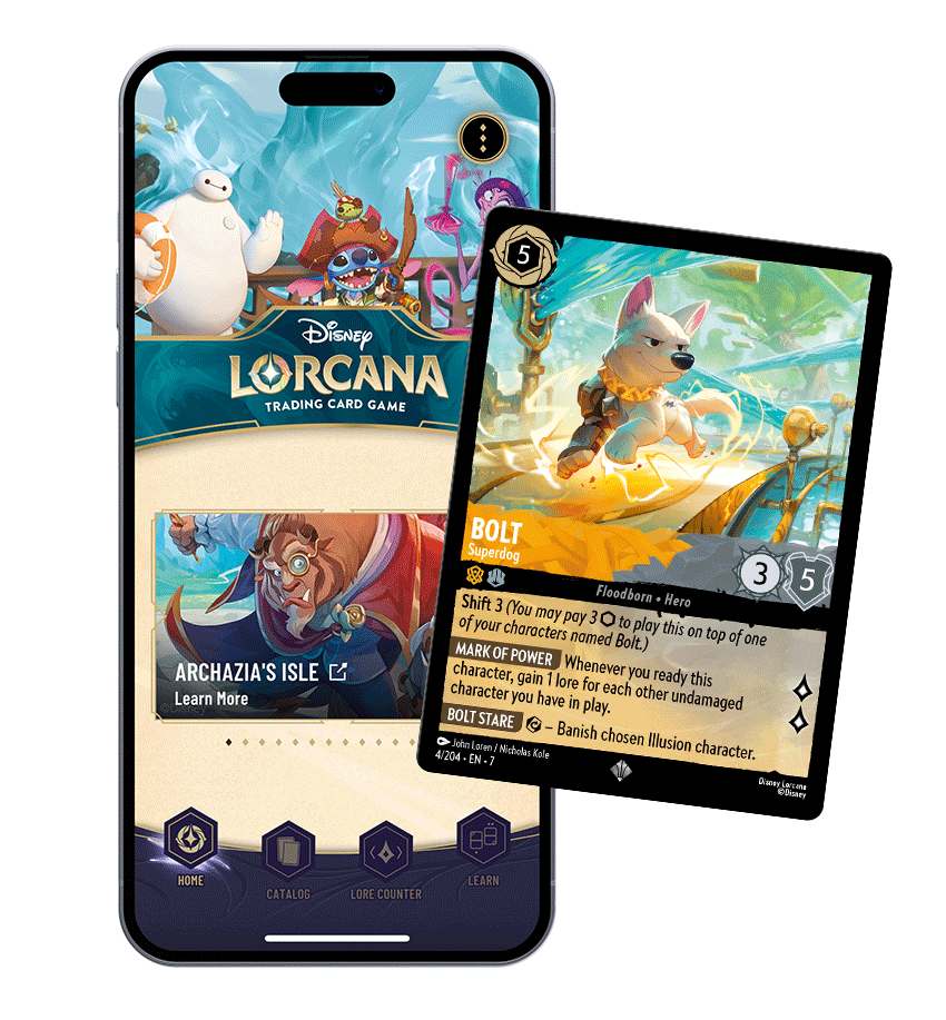 Image of Disney Lorcana app on a phone, overlaid with an example of the Bolt - Superdog card.