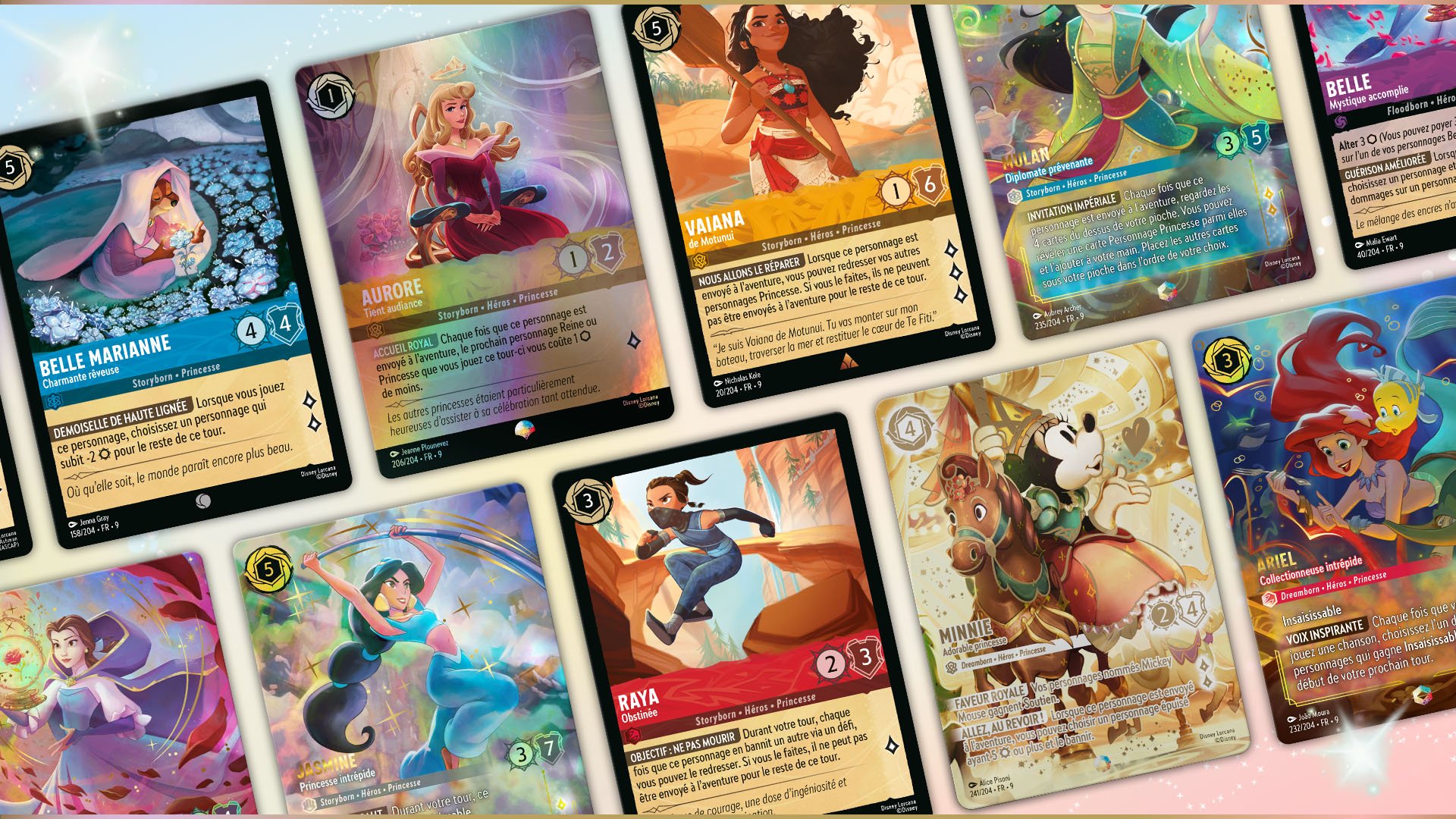 Menagerie of princess cards from the game Disney Lorcana TCG