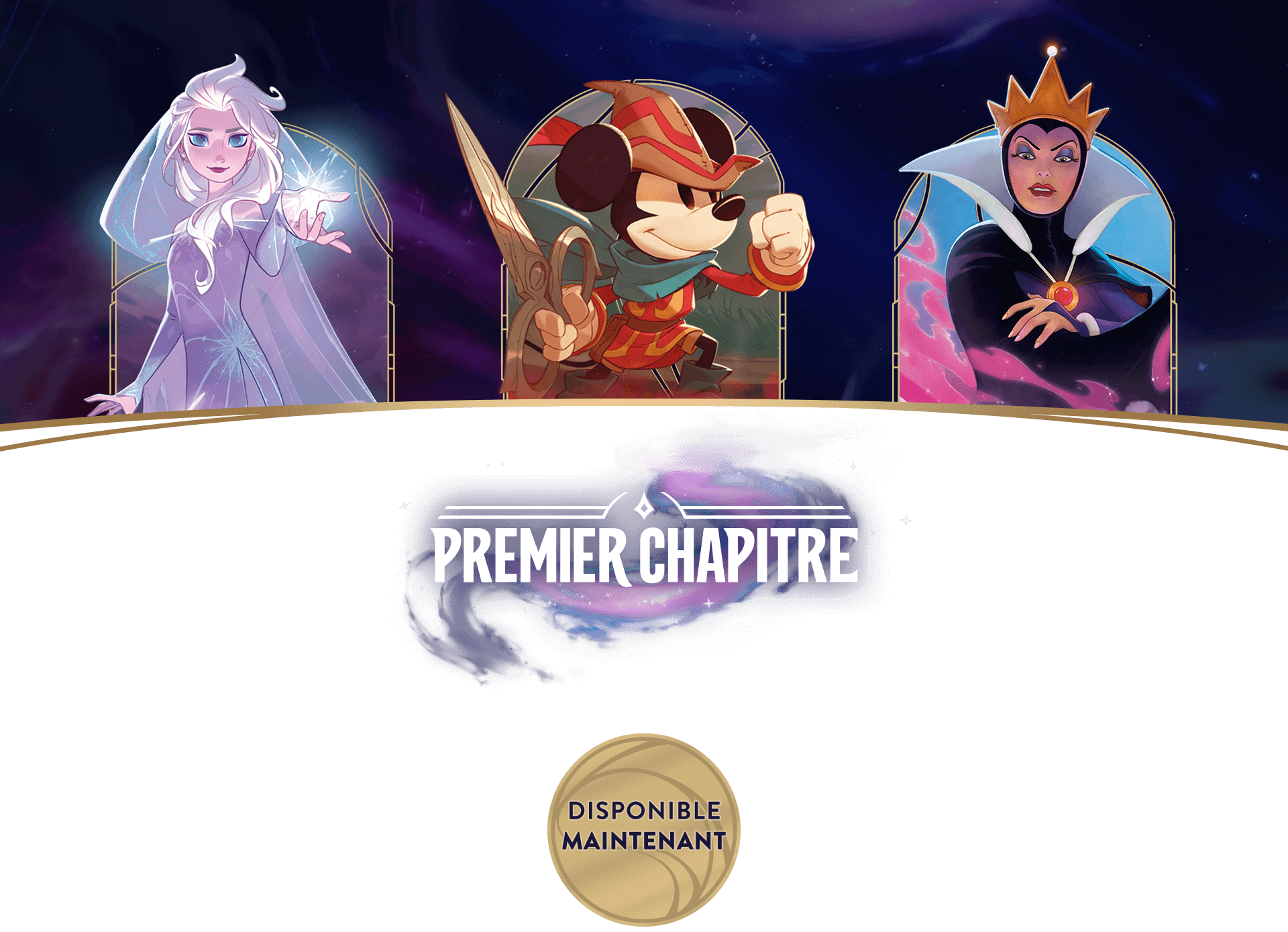 Decorative header image showing three characters (left to right: elsa, mickey, queen grimhilde) and a logo that says PREMIER CHAPITRE.