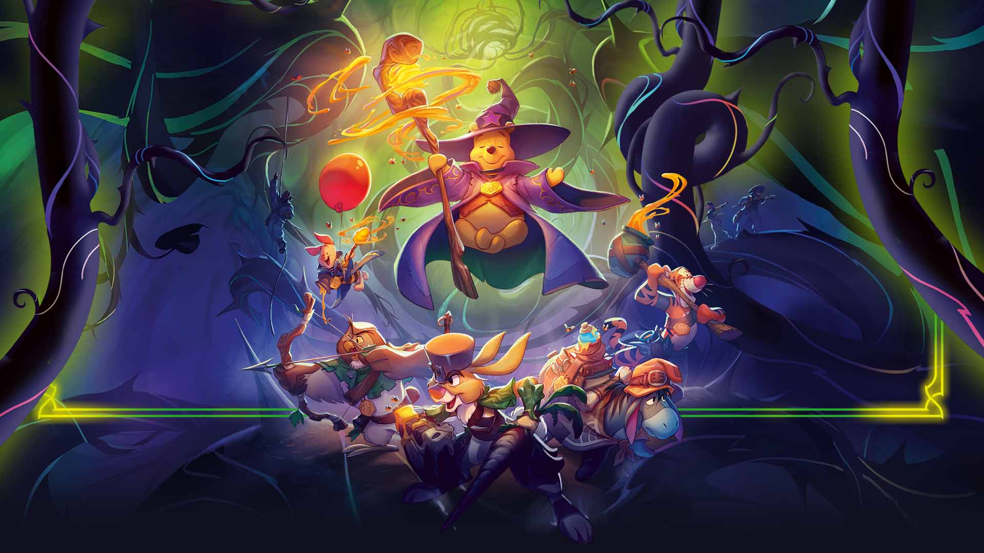 Illumineer's Quest: The Great Hunny Rescue Key Art of a Winnie the Pooh glimmer as a wizard and his friends in the foreground