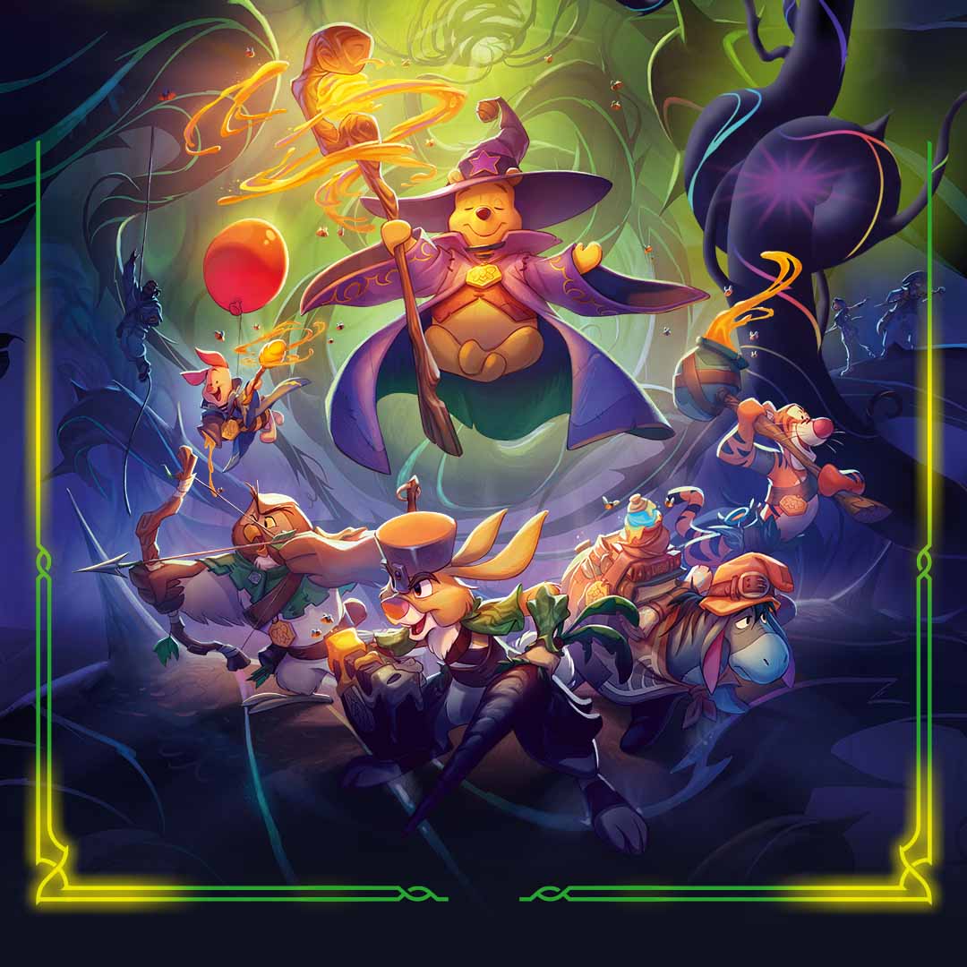 Illumineer's Quest: The Great Hunny Rescue Key Art of a Winnie the Pooh glimmer as a wizard and his friends in the foreground for mobile devices