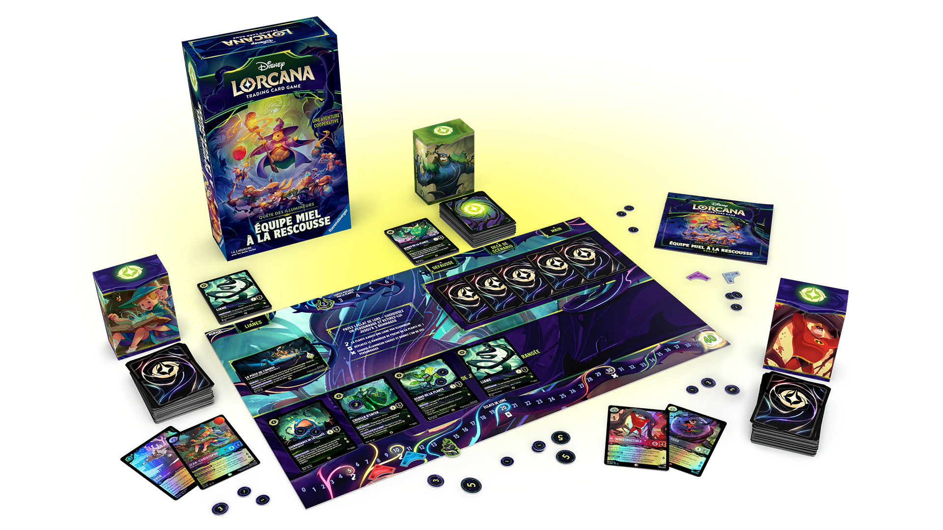 Contenu du coffret Lorcana Équipe Miel à la rescousse avec deux decks, plateau, cartes scénario et jetons