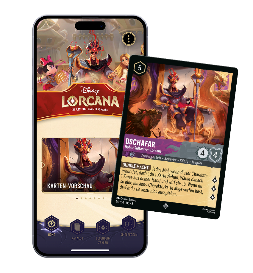 Image of Disney Lorcana app on a phone, overlaid with an example of the Jafar - High Sultan of Lorcana