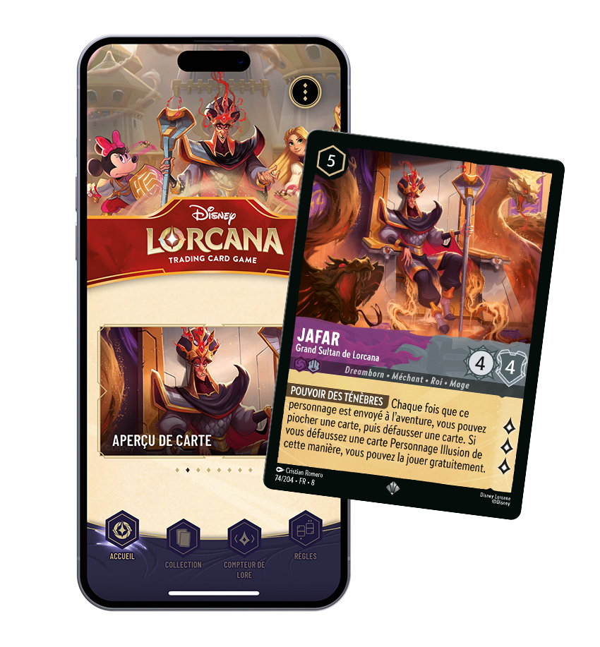 Image of Disney Lorcana app on a phone, overlaid with an example of the Jafar - High Sultan of Lorcana