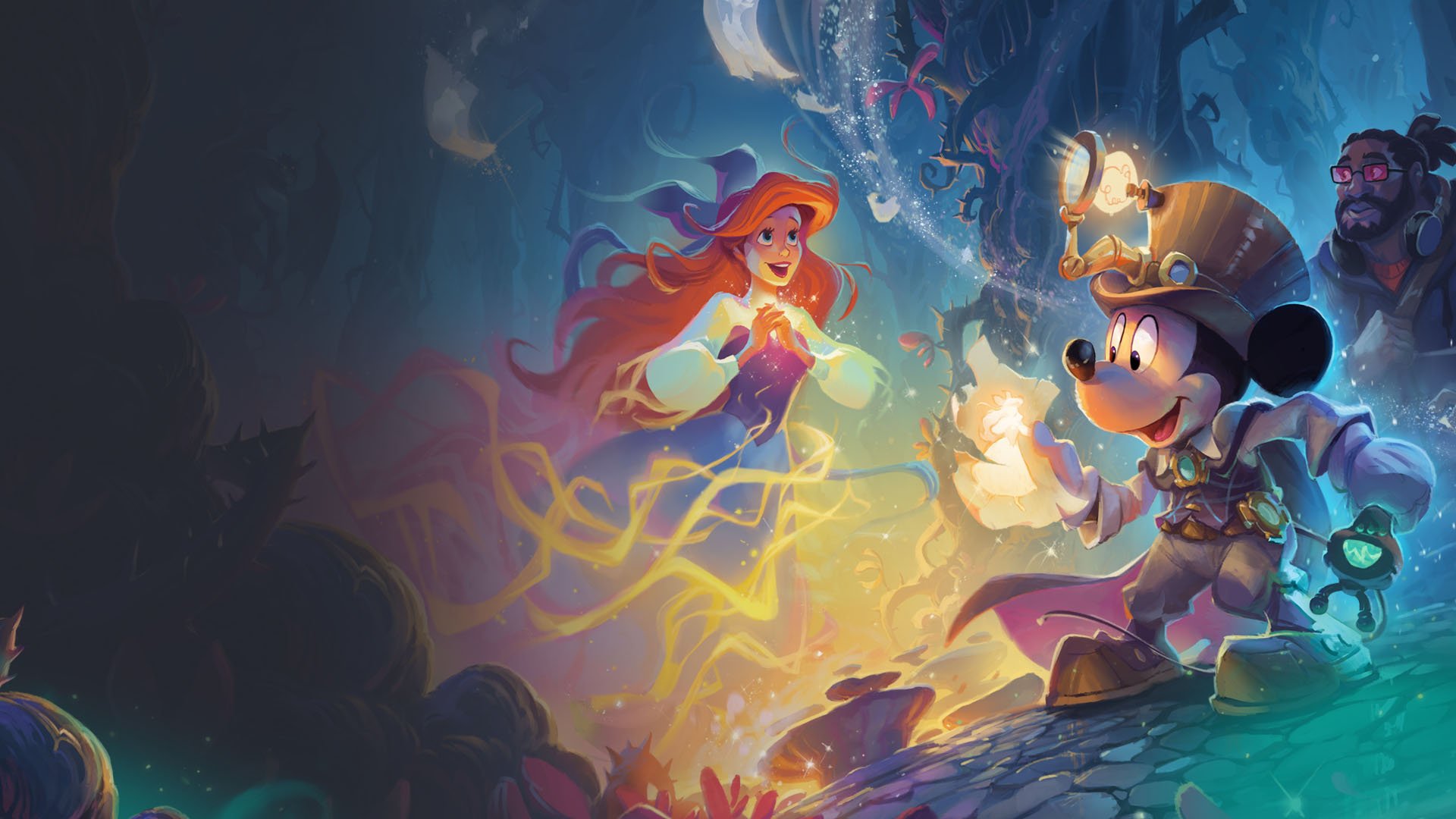 Disney Lorcana Whispers in the Well website header image of Mickey Mouse Ariel and Illumineer