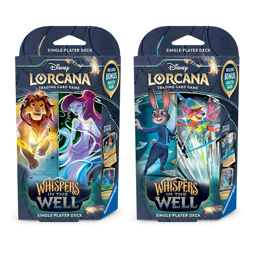 Starter decks for Whispers in the Well for the Disney Lorcana Trading Card Game