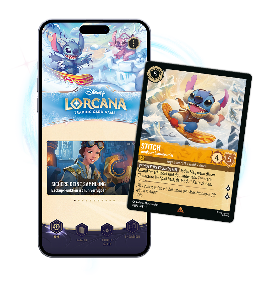 Smartphone with an image of the Lorcana app next to a promotional Stitch card