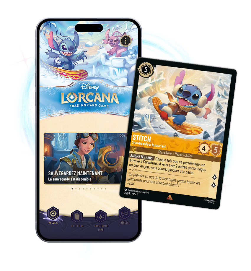 Smartphone with an image of the Lorcana app next to a promotional Stitch card