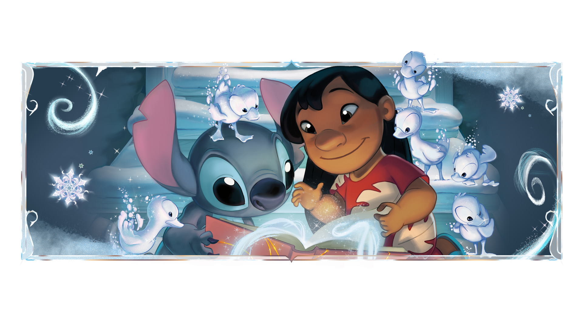 Disney Lorcana Winterspell image of Lilo and Stitch reading a book together.
