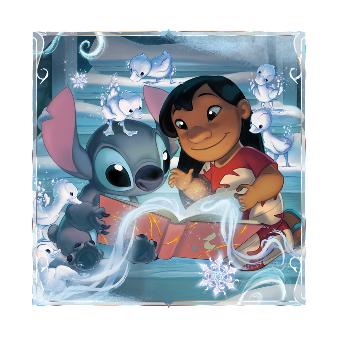 Disney Lorcana Winterspell image of Lilo and Stitch reading a book together.