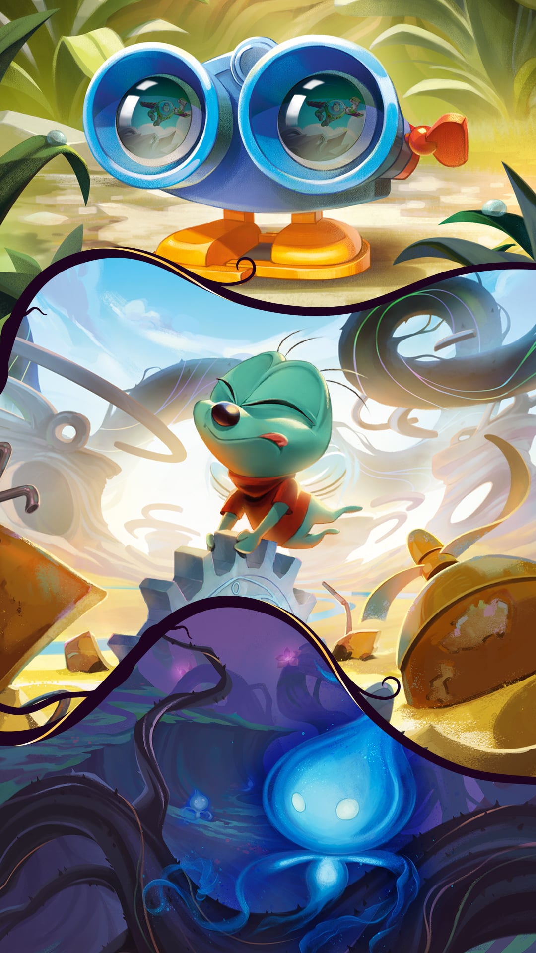 Tryptic of art from Disney Lorcana Wilds Unknown prize cards