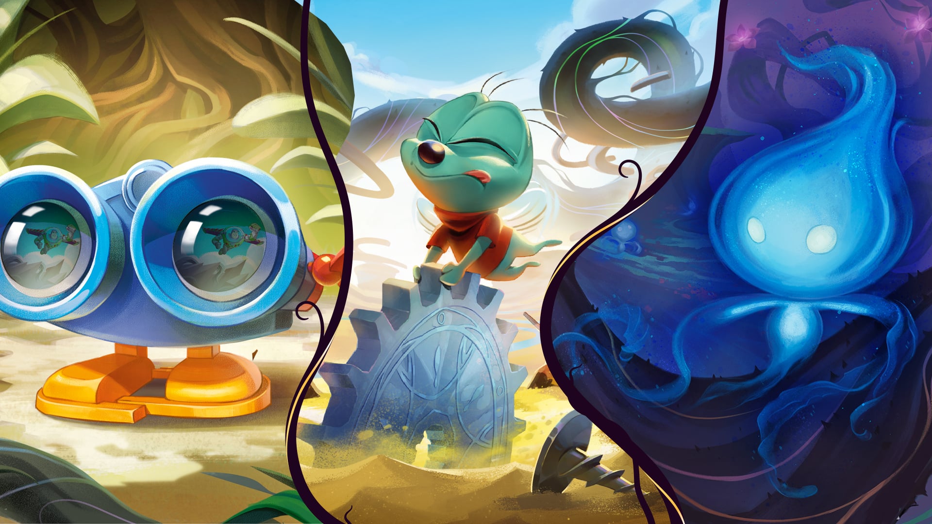 Tryptic of art from Disney Lorcana Wilds Unknown prize cards