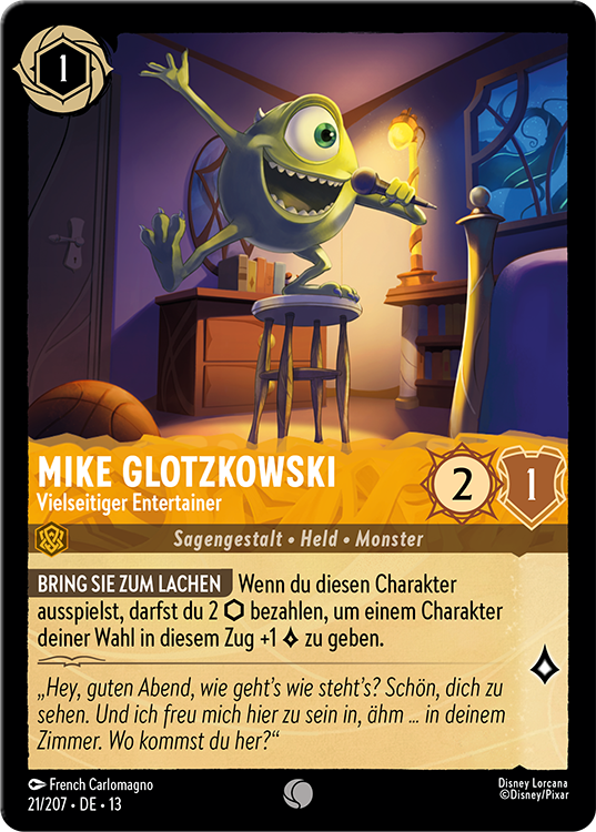 Image of the Disney Lorcana card Mike Glotzkowski – Vielseitiger Entertainer, The card has an image of the character MIke from the film, Monsters, Inc.