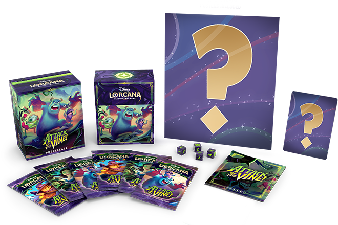 Photo display of the contents of the Disney Lorcana TCG Attack of the Vine Prerelease Box