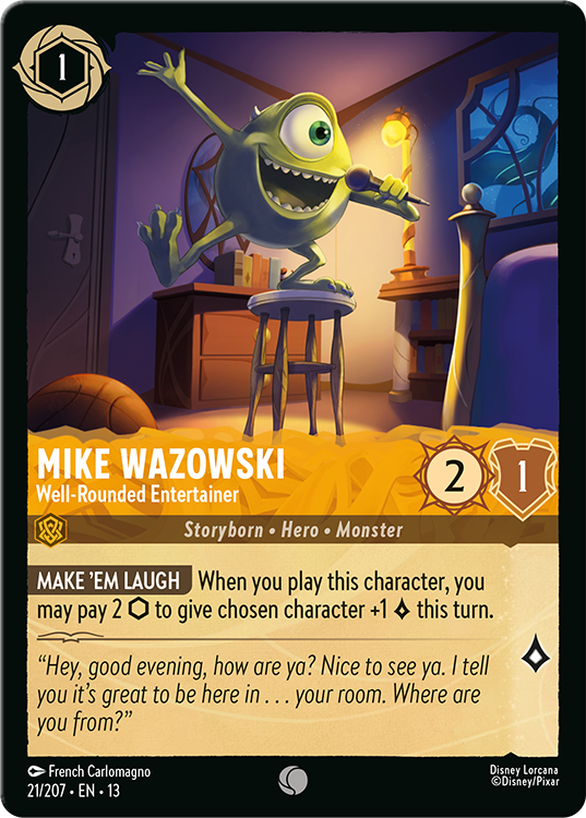 Image of the Disney Lorcana card Mike Wazowski - Well-Rounded Entertainer. The card has an image of the character MIke from the film, Monsters, Inc.