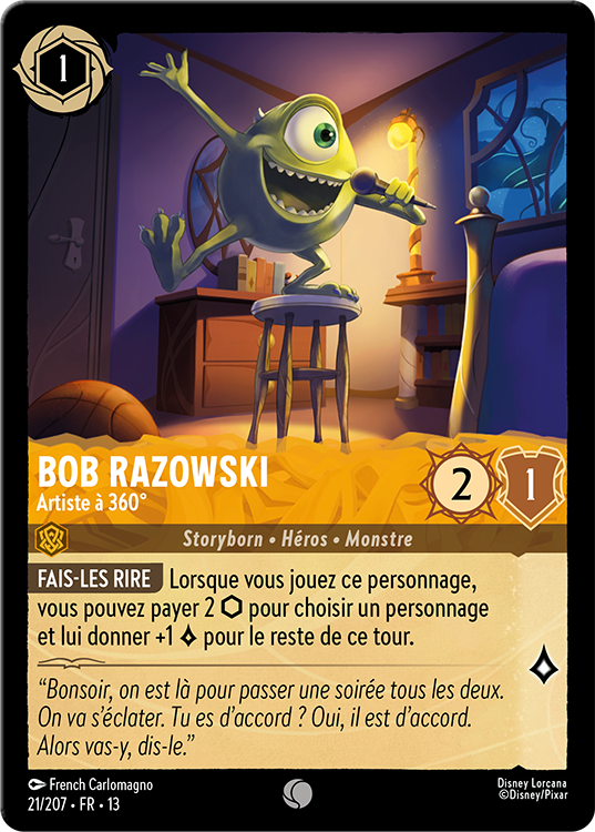 Image of the Disney Lorcana card Bob Razowski – Artiste à 360°. The card has an image of the character MIke from the film, Monsters, Inc.