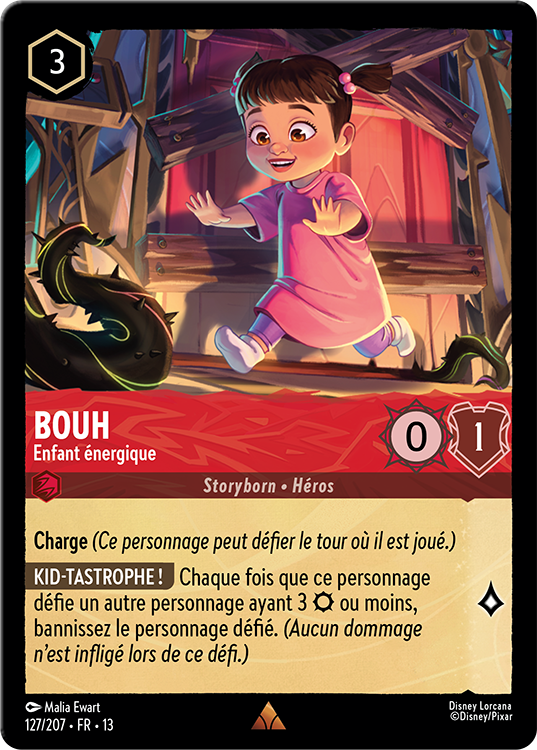 Image of the Disney Lorcana card Bouh – Enfant énergique. The card has an image of the character Boo from the film, Monsters, Inc.