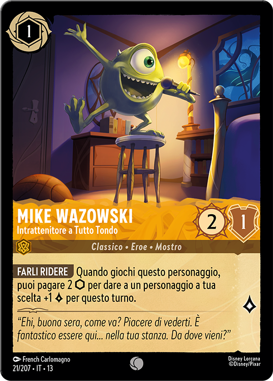Image of the Disney Lorcana card Mike Wazowski - Well-Rounded Entertainer. The card has an image of the character MIke from the film, Monsters, Inc.