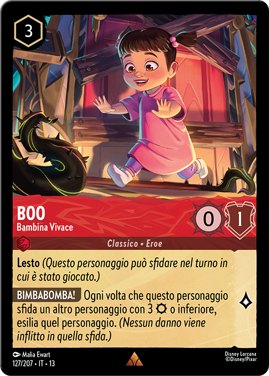 Image of the Disney Lorcana card Boo – Enegetic Child. The card has an image of the character Boo from the film, Monsters, Inc.