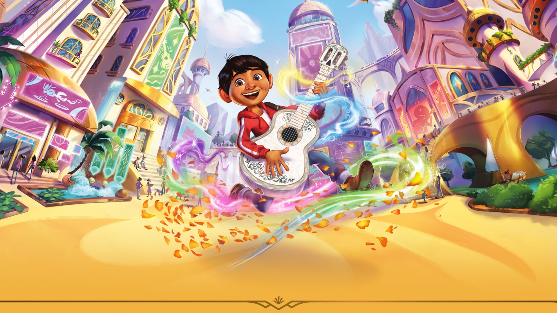 Hyperia City key art featuring Coco playing a guitar, from the game Disney Lorcana