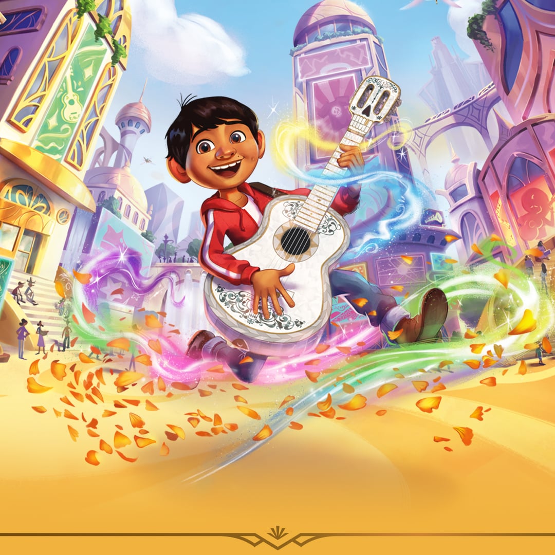 Hyperia City mobile key art featuring Coco playing a guitar, from the game Disney Lorcana
