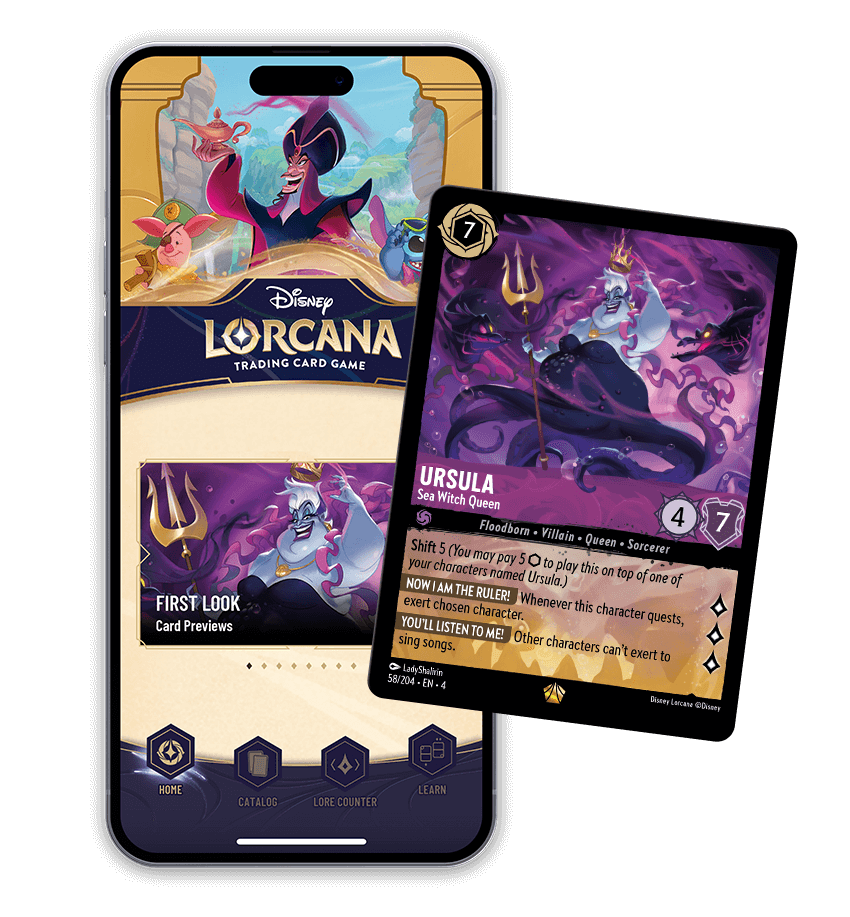 Image of Disney Lorcana app on a phone, overlaid with an example of the Ursula card.