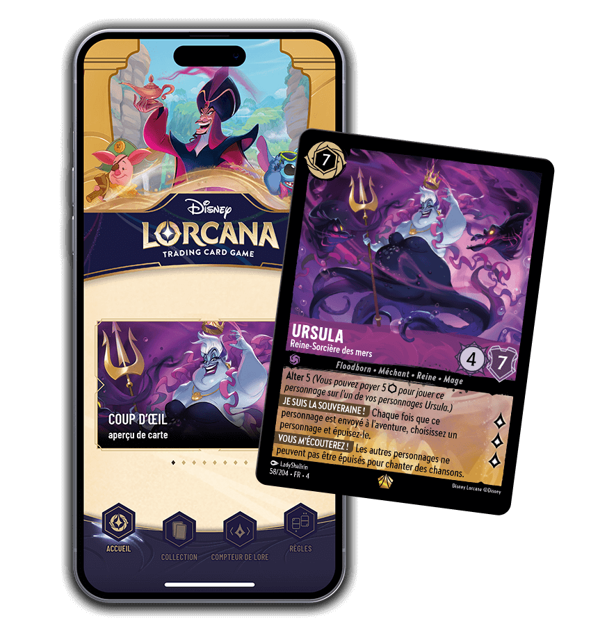 Image of Disney Lorcana app on a phone, overlaid with an example of the Ursula card.