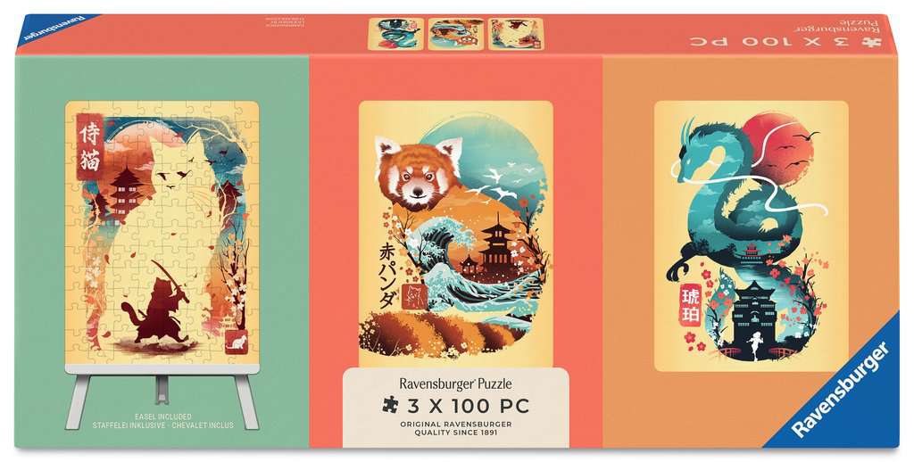 Ravensburger Ukiyo-E Cat Warrior, Red Panda & Dragon Puzzle & Easel Set 3x 100 piece Mini Jigsaw Puzzles