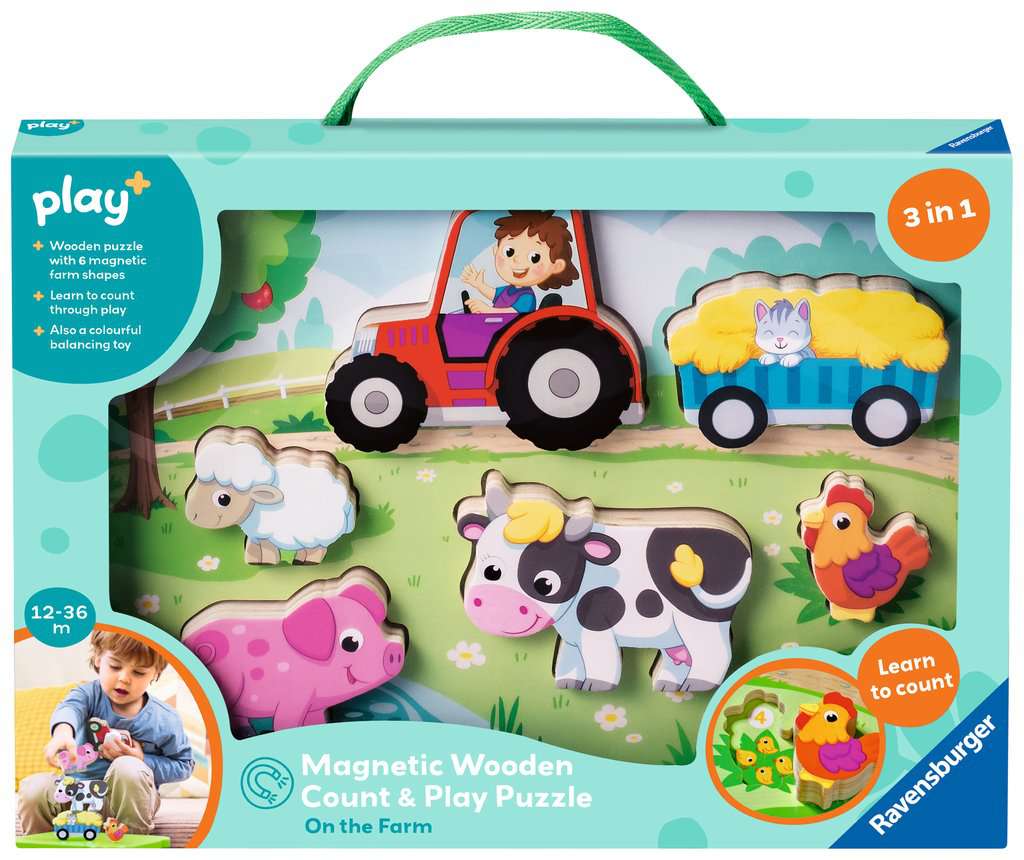 Play+ Magnetic Wooden Count & Play Puzzle: On the Farm - from 12 months