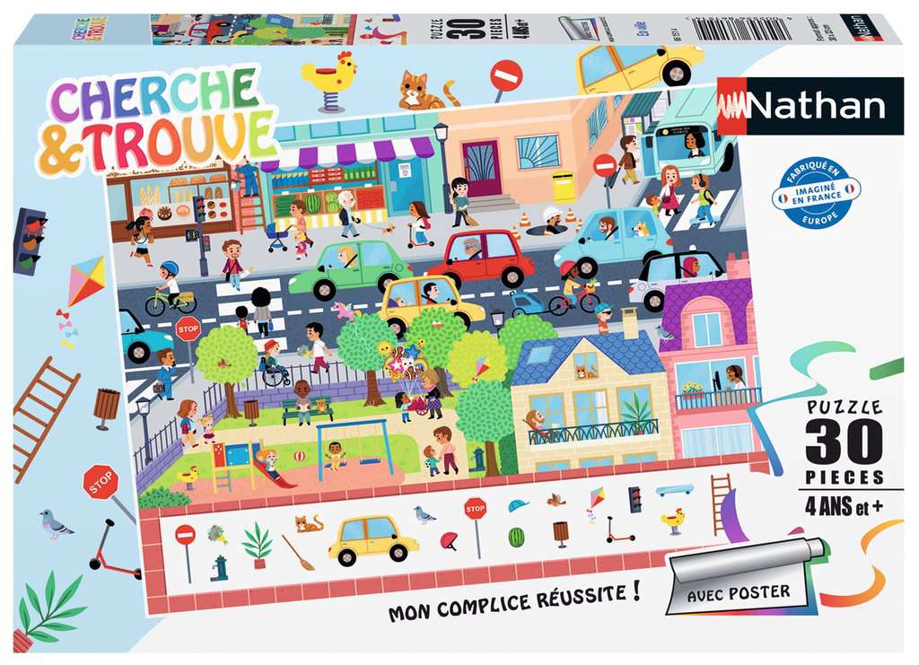 Nathan - Puzzle enfants - 30 pièces - En ville (Cherche et trouve)  - Fille ou garçon dès 4 ans - Puzzle de qualité supérieure - Carton épais et résistant - Quotidien & Ville - 86151