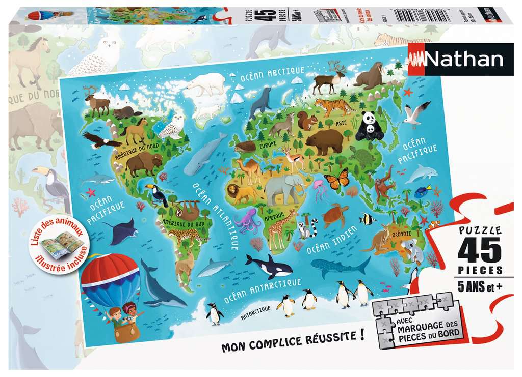 Nathan - Puzzle enfants - 45 pièces - Carte du monde des animaux - Fille ou garçon dès 5 ans - Puzzle de qualité supérieure - Carton épais et résistant - Animaux - 86174