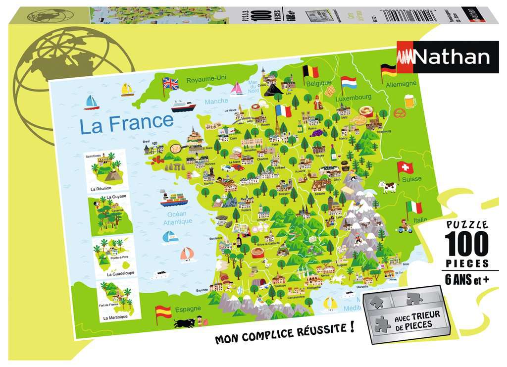 Nathan - Puzzle enfants - 100 pièces - Carte de France - Fille ou garçon dès 6 ans - Puzzle de qualité supérieure - Carton épais et résistant - Géographie - 86732