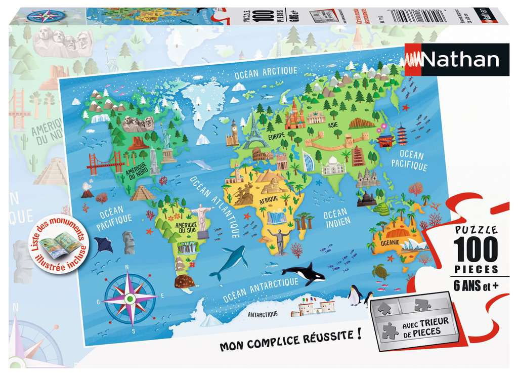 Nathan - Puzzle enfants - 100 pièces - Carte du monde des monuments - Fille ou garçon dès 6 ans - Puzzle de qualité supérieure - Carton épais et résistant - Géographie - 86775